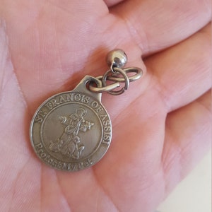 Vintage St Francis of Assisi &quot;Protect my pet&quot; brass pet lost and found tag, engraved