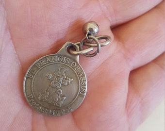 Vintage St Francis Pet Tag: Brass "Protect My Pet" Engraved Charm