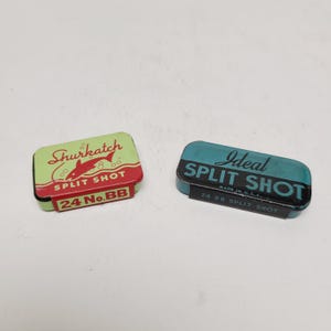 Vintage pair of Fishing Tins Ideal & Shurkatch split shot sinkers, nice display