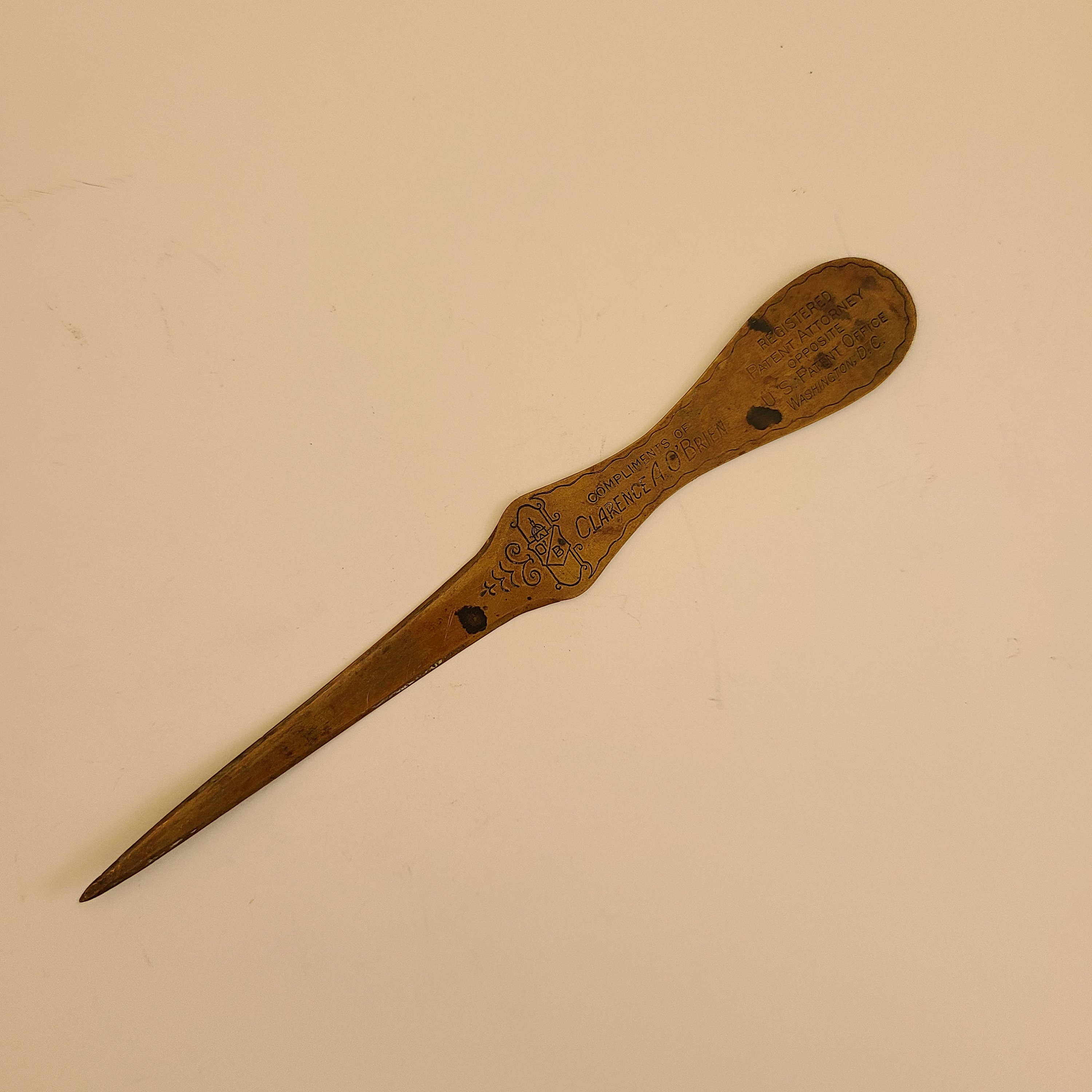 Vintage Copper Letter Opener: Clarence A. O'brien Patent Attorney