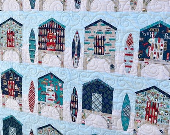 Vintage Beach Hut Quilt Block Pattern | Coastal FPP Template with Surfboard Applique (Digital Download)