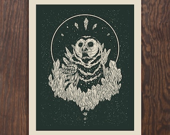 Crystal Owl Fine Art Screenprinted Poster - A Unique Gift for the Holidays, Housewarming, Graduation, or Anytime