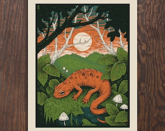 Red Eft Sunset Fine Art Screenprinted Poster - A Unique Gift for the Holidays, Housewarming, Graduation, or the Herpetologist in your Life!