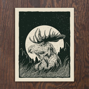 Moonlight Moose Fine Art Screenprinted Poster - A Unique Gift for the Holidays, Housewarming, Graduation, or Any Occasion!