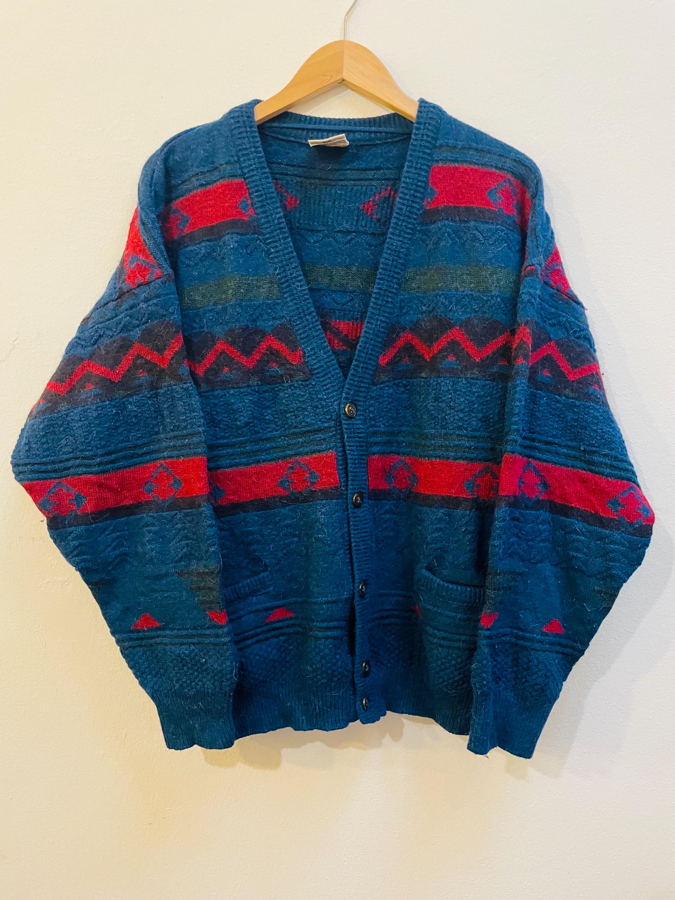 カーディガン 80s pattern knit cardigan Vintage Knitted Cardigan, 80s/90s,size XL, Unisex - Etsy