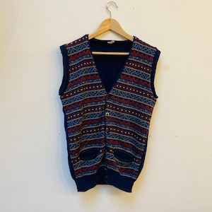 May include: A blue knitted vest with a colorful geometric pattern. The vest has a V-neck and button closure.