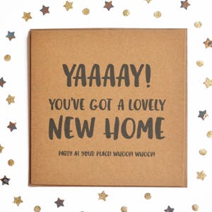 Yay ! Vous avez une belle nouvelle maison, parti à vous Place Card, carte champêtre, carte drôle, Happy Home, déménagements, nouvelle carte maison