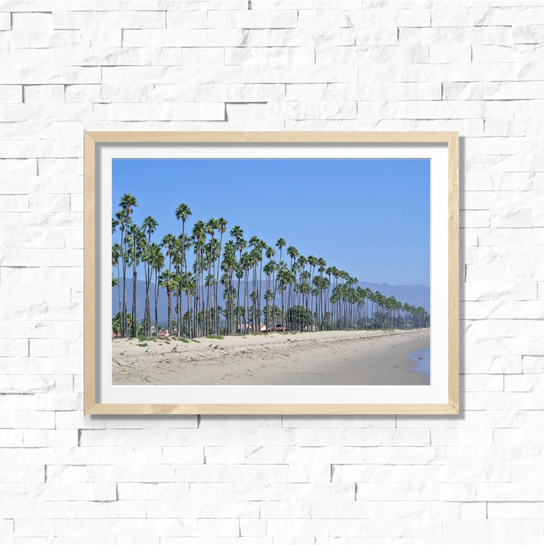 May include: A framed photograph of a beach scene with a row of palm trees lining the shore. The sky is blue and the sand is white.