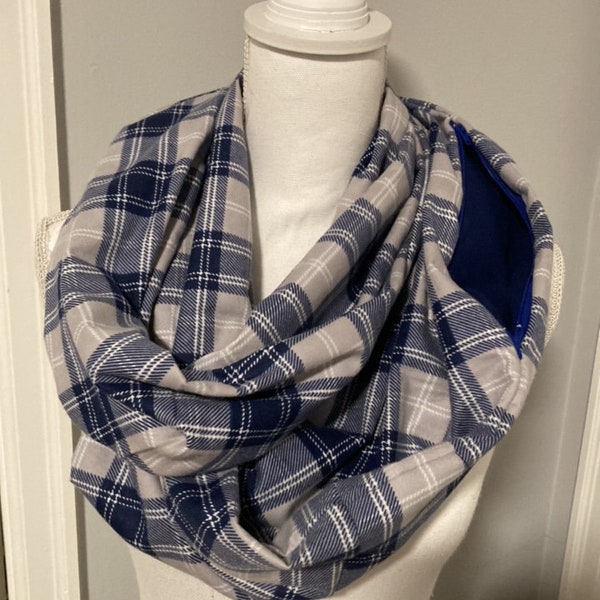 Blue plaid flannel Infinity scarf with Hidden pocket