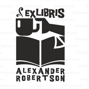 May include: Black and white illustration of a book with a hand holding a cup of coffee above it. The text "Ex Libris" is above the image. Below the book is the text "ALEXANDER ROBERTSON".