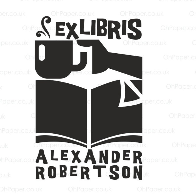 May include: Black and white illustration of a book with a hand holding a cup of coffee above it. The text "Ex Libris" is above the image. Below the book is the text "ALEXANDER ROBERTSON".