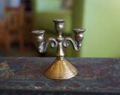 Set of 4 Miniature Brass Antique Figures Candlelabra, Iron, Coffee Grinder and Lidded Pot With Handle