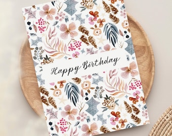 Floral Happy Birthday Card, Multilingual Greeting
