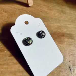 Nebula - Black and Extra Holographic Glitter Stud Earrings, Simple Glittery Polymer Clay Studs, Minimalist Jewelry