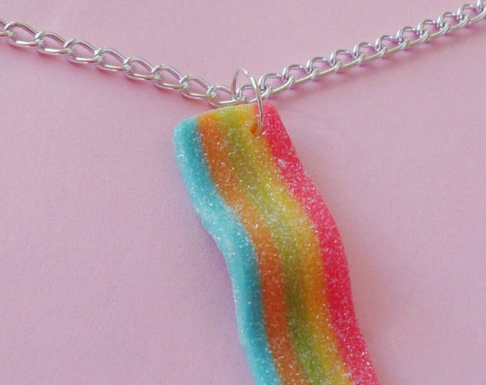Rainbow Sour Strip Candy Necklace Unicorn Bacon Necklace, Sour Candy