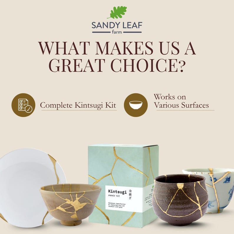 May include: A complete Kintsugi repair kit with a light blue box and various repaired ceramic pieces. The kit includes everything needed to mend broken pottery with gold-colored accents. The text on the box reads "Kintsugi Repair Kit."