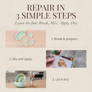 May include: Image showing the steps to repair broken pottery. The steps are: break and prepare, mix and apply, and let it dry. The image includes a broken plate, a person applying a golden substance, and a repaired bowl.