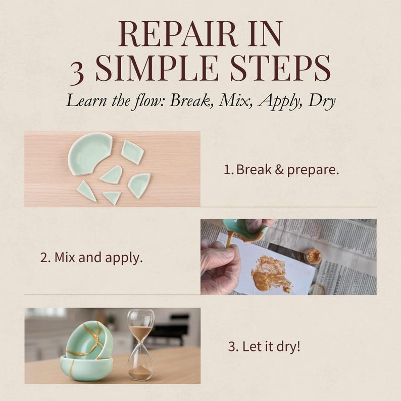 May include: Image showing the steps to repair broken pottery. The steps are: break and prepare, mix and apply, and let it dry. The image includes a broken plate, a person applying a golden substance, and a repaired bowl.