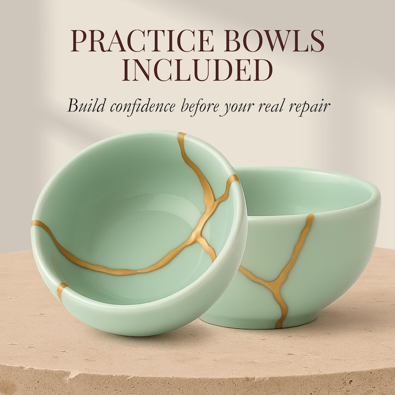 May include: Two light green ceramic bowls with gold-colored kintsugi-style repair lines. The bowls are on a light brown surface. Text at the top reads "PRACTICE BOWLS INCLUDED" and below that, "Build confidence before your real repair."