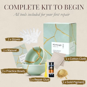 May include: Kintsugi repair kit with practice bowls, repair glue, gold pigment, cotton cloth, gloves, and a manual. The kit includes all tools to begin your first repair. The box is light green with gold accents.