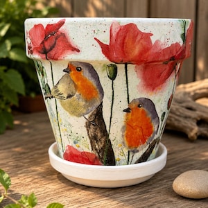 Hand Painted Terracotta Planter: Robin & Poppy Design, 6 inch