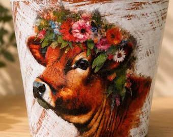 Decopodged Hand Painted Cow Planter/Indoor or Outside Flower Pot