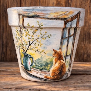 Hand Painted Cat Terracotta Planter, Home Decor, 6 Inch