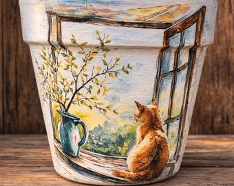 Hand Painted Cat Terracotta Planter, Home Decor, 6 Inch