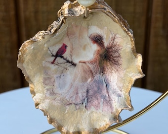 Oyster Shell Christmas Ornament/ Decopodged Angel Cardinal Ornament/ Unique Gift Idea