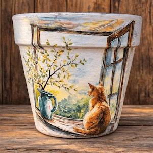 May include: A white ceramic flower pot with a hand-painted scene of a cat looking out a window. The window shows a landscape with a tree and a blue pitcher. The cat is orange and the window frame is brown.
