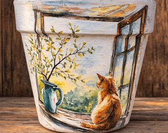 May include: A white ceramic flower pot with a hand-painted scene of a cat looking out a window. The window shows a landscape with a tree and a blue pitcher. The cat is orange and the window frame is brown.