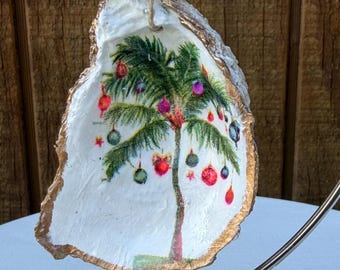 Oyster Shell Christmas Ornament/ Decopodged Palm Tree  Ornament/ Unique Gift Idea