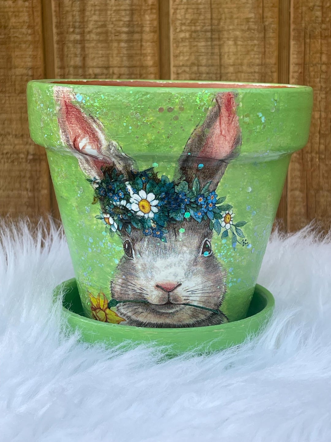 Hand Painted Terracotta Planter: Bunny Rabbit With Flowers - Etsy