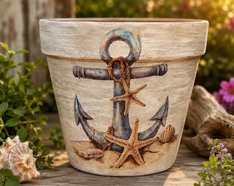 Hand Painted  Decopodge Planter/ Anchor Print Terra Cotta Planter: Aged Distressed Indoor Outdoor Pot