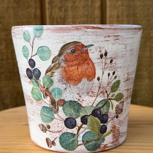 May include: A white ceramic plant pot with a distressed finish featuring a detailed illustration of a robin perched on a branch with green leaves, dark blue berries, and small brown acorns. The design wraps around the front of the pot.