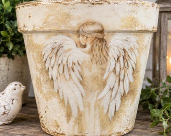 Hand Painted Angel Terracotta Planter, Home Decor, 6 Inch, Decopodged Pot