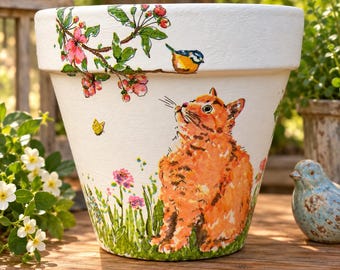 Hand Painted Cat Terracotta Planter, Home Decor, 6 Inch