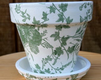 Hand Painted Decopodged Vintage Print Terra Cotta Planter:  Indoor Outdoor Pot/4 Inch