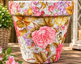 Hand Painted Terracotta Clay Flower Pot: 6 inch Decorative Planter/ Decopodged Planter