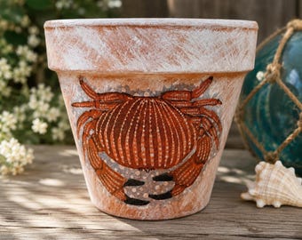 Hand Painted Beach Scene / Crab  Print Terra Cotta Planter: Aged Distressed Indoor Outdoor Pot/6 Inch
