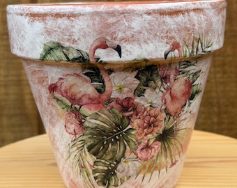 Hand Painted Beach Scene / Flamingo  Print Terra Cotta Planter: Aged Distressed Indoor Outdoor Pot
