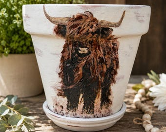 Hand Painted  Highland Bull Terracotta Planter, Home Decor, 6 Inch