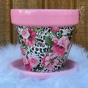 Hand Painted Terracotta Planter: Floral Leopard Print, 6 inch