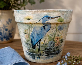 Hand Painted  Decopodge Planter/ Blue Heron Print Terra Cotta Planter: Aged Distressed Indoor Outdoor Pot