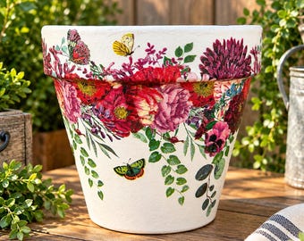 Hand Painted Floral Terracotta Planter, Home Decor, 6 Inch, Decopodged Pot