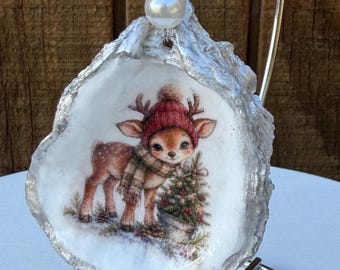Oyster Shell Christmas Ornament/ Decopodged Reindeer  Ornament/ Unique Gift Idea