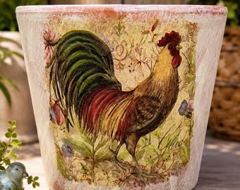 Decopodged Hand Painted  Rooster Planter/Indoor or Outside Flower Pot