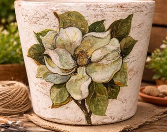 Decopodged Hand Painted Magnolia Planter/Indoor or Outside Flower Pot
