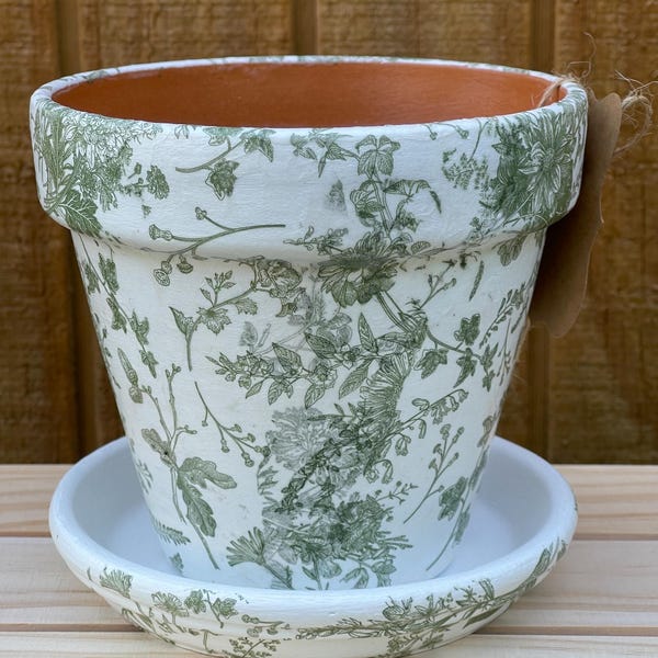 Hand Painted Terracotta Planter: Floral Decoupage, 6 inch