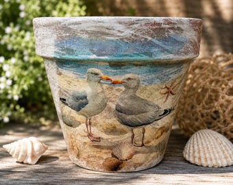 Hand Painted  Decopodge Planter/ Seagull Print Terra Cotta Planter: Aged Distressed Indoor Outdoor Pot/6 Inch